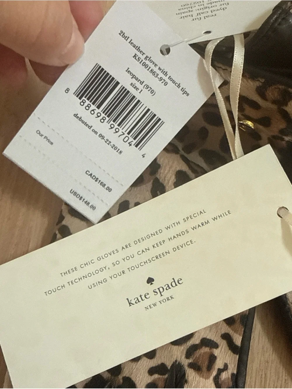 KATE SPADE New York Tech Friendly Black / Leopard Leather Calf Fur Gloves L NWT